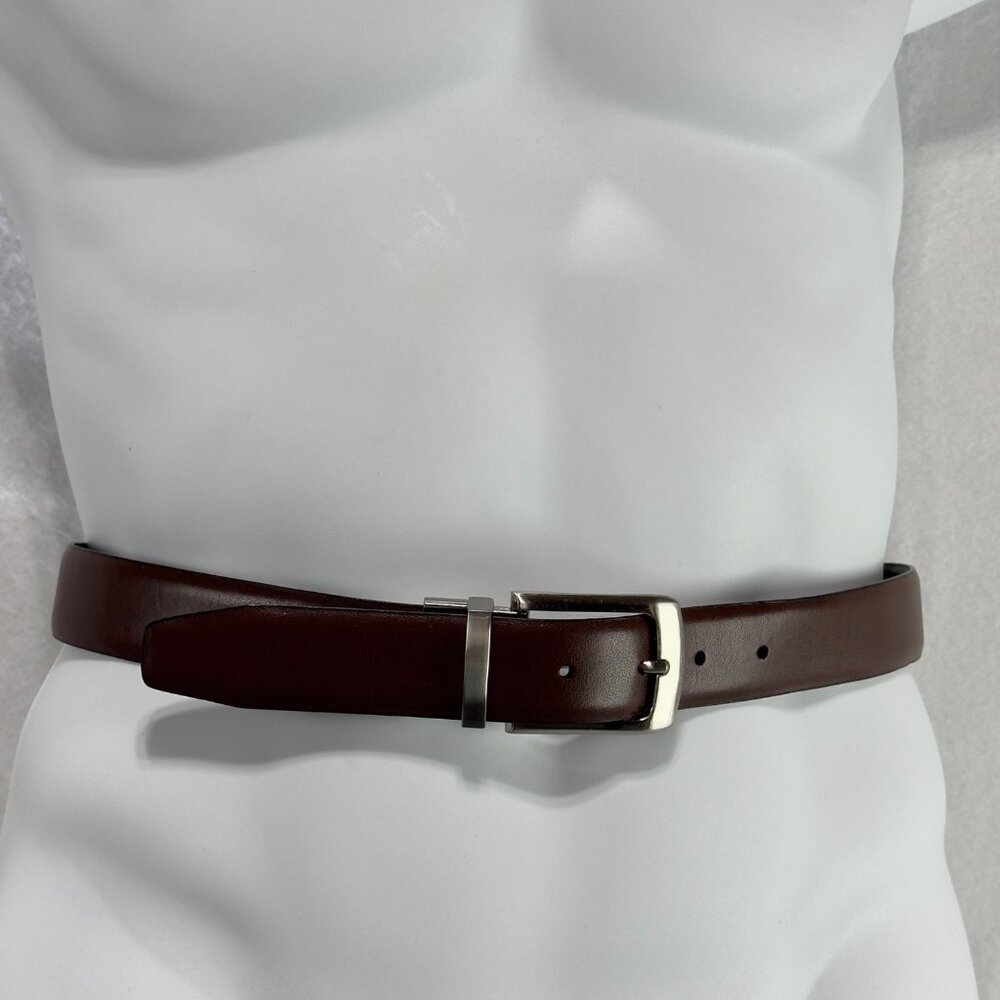 Mens Black Brown Reversible Leather Dress Belt Silver-tone Buckle Size 46”
